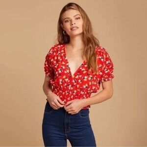 Faithfull the Brand First Light Top Aurelia Floral Red Cropped Smocked Size M